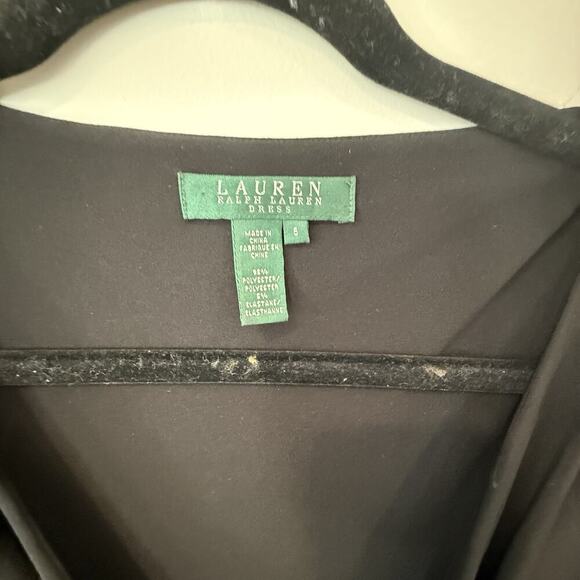 Lauren Ralph Lauren Rushed Jersey Dress 6 Black Stretch V-neck 3/4 Sleeve 1903 - Picture 10 of 14